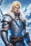 Placeholder: 1 anime man. warrior, with blue eyes and blonde hair man in silver Viking armor with fur around the neck with blue crystal on his chest, standing in water in the artic, holding a ice axe, warrior in, anime style