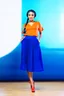 Placeholder: full body of very beautiful lady midi blue skirt and orange bluse , Braided hair ,standing idle happy pose in studio pretty makeup