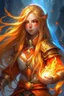 Placeholder: Female paladin Druid. Made from fire. Golden long hair, half braids half down with fire texted. Fire eyes. Makes fire with hands. Owns a white dragon