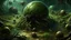Placeholder: A surreal, macro-level view of a bizarre, alien landscape populated by numerous insect-like creatures. The central focus is a large, bulbous, green, and brown orb covered in smaller, round protrusions and textured with organic, root-like filaments. Surrounding this central mass are many spider-like beings with dark, glossy exoskeletons and long, spindly legs. Some of these creatures are black, while others are a striking blue, red, or brown. They are scattered across a textured, earthy ground, w