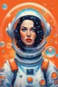 Placeholder: A retrofuturistic portrait of an astronaut woman with dark hair, wearing a space suit and surrounded by floating bubbles on an orange background. She has red lipstick and blue eyes, looking at the camera. The artwork is in a vintage style, reminiscent of classic science fiction illustrations from old books. It's in vibrant colors, with detailed attention to her costume and accessories in the style of classic science fiction illustrations. --ar 4:5 --v 6. 0