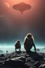 Placeholder: A surface of a planet that is full of monkeys , a UFO Hovering very far in the sky .