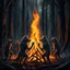 Placeholder: close up one large bonfire with its flames rising high in a clearing, around the bonfire many anthropomorphic wolf humanoids crying, dancing, singing and just watching the flames. rain, cold deep colors, around them in the background dark trees with huge trunks, rainy day, high contrast, high detail, atmospheric, dark fantasy, sci-fi atmosphere, cinematic