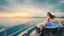 Placeholder: half body shot,realistic portrait of a 20-25 old caucasian model, long blue pink flowing hair, great grey eyes, blue leather jacket,full body, short white skirt,long legs,standing on deck of very big ship, beach of very nice lake with sunset ,clouds,godrayes