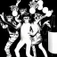 Placeholder: 1980s photo of new year's party alien monkey with dancing cats happy