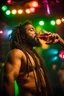 Placeholder: half figure photography of a rastaman chubby muscular strong 39-year-old arab in a discoteque, ajar mouth, shirtless, short beard, bald, drinking cocktail, manly chest, very hairy, side light, view from the ground