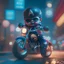 Placeholder: A Sharp Kawaii tiny hyper realistic baby captain america riding mini harley davidson, wearing bikers clothes with happy smile action, night of cyberpunk city background. wide angle full body, 8k, Cinematography, photorealistic,epic composition Unreal Engine,Cinematic, Color Grading, Portrait Photography,Ultra-Wide Angle, Depth of Field, hyper detailed