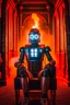 Placeholder: portrait of tron robot holding lotsa phones chatbot smoking a sigar on a throne in a ancient castle ruin, smoke, 4k, downlight, soft light, depth of field, photorealism