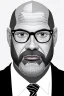 Placeholder: black and white,real estate agent,bald male with grey beard,55 years old,glasses,, necktie,portly,detailed drawing,white background