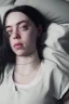 Placeholder: Billie Eilish, on the bed, in my underwear, pale skin, high detail, realistic, 8k, not to be distinguished from a photo