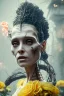 Placeholder: 4K Ultra-HD, Hyper realistic, cinematic lighting -- the bride of Frankenstein , short, bowl-cut black hair, dead eyes, Yellow skirt, blue blouse with short poofy sleeves, extremely pail skin, wilted Rose pedals, gloomy, foggy, Castle, Full body image -- 4k, stunning, dramatic lighting, dramatic background, cinematic, atmospheric, very detailed, historic, powerful, octane rendering, exquisite detail, 30 - megapixel, 4k, 85 - mm - lens, sharp - focus, intricately detailed