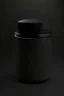 Placeholder: Black protein powder container, lid is not fully closed, screw lid, round container, black studio, black background, dark setting, no labels on the container, very detailed, realism, high quality