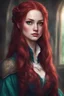 Placeholder: {{Woman}}, Female, Fair Complexion Skin Tone, Long Hair, Dark Red Hair, Adult, {{Perfect blend of Rose Dewitt Butaker+Madelaine Petsch}}, {{Emerald Green Eyes}}, Blue Cloth Medieval Attire, Digital Art