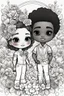 Placeholder: create a outlined coloring page of a chibi black characters of a couple surrounded by flowers. Pay attention to the details of the faces and flowers and the emotions conveyed by the couple. White background, sketch style, half of body, use outline, Mandala style, clean line art, no shadows, no coloring, no shading, no grey.