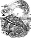 Placeholder: coloring pages for kids, Pacific island shaped Japanese ink painting,, splashed paint, tropical beach, paradise, sea turtles, yellow sun, a Polynesian warrior , Art drawing ; ink , super detailed, text a the bottom “Tonga”, anime cartoon style, thick lines, low detail, black and white, no shading, --ar 85:110