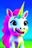 Placeholder: 3d Cartoon, ultra quality. hyper realistic, low smiling, Pixar style, Rambow color background, highlight, details.4k, colorful, dreamy shiny background, cute baby unicorn.With long colored manes.