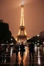 Placeholder: around Eiffel tower a few people with umbrella walking while it is raining at night and the Eiffel is seen complete