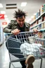 Placeholder: A very angry and bitter punk rocker kicking a shopping cart in a store