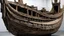 Placeholder: Embarcación_viva — Barco de madera erosionada y carne fosilizada, quilla como mandíbula abierta, ruinas de columnas integradas como costillas, luz interna húmeda, una figura con capa orgánica de tonos oxidados en la proa.