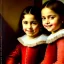 Placeholder: portrait of sisters Eira Santiago Arnau(ten year old, dark blonde) and Dalia Santiago Arnau (six year old, brunette) by Velazquez,smiling, oil on canvas, cinematic composition, extreme detail,8k,fit full head inside picture,