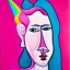 Placeholder: Retrato de una abuela muy guapa llamada Margarita Arnau montando un unicornio rosa con el estilo de Pablo Picasso