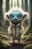 Placeholder: Cute alien creature,with fuzzy coat of fur, cute beedy eyes, forest setting, joyful expression