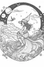 Placeholder: A witch flying on her broomstick across a starry night sky. . Outline, sketch style, only use outline, mandala style, clean line art, white background, no shadows, no clear wall, coloring page.