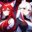 Placeholder: Clear focus, 8k, high quality, detailed, beautiful lighting, fox girl, vibrant colors, white long hair, vibrant red eye, tail, smile, angry, two tone hair,