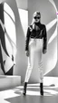 Placeholder: head to feet latex woman walking on a white podium in front view, full white background, long shadow, black and white photo, realistic style, fashion mood