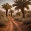 Placeholder: Thorny plants stretch alongside a dirt road with palm and olive trees