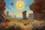 Placeholder: sunny day, planet in the sky, rocks, flowers, cliffs, sci-fi, friedrich eckenfelder and henry luyten impressionism paintings