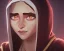 Placeholder: A white hooded robe covered a tan woman with a sleepy look in her eyes and a smile on her face, above her head is a golden halo. Behind her, there is a black shadow with red eyes and a smile grabbing her shoulders very tight, Medium wide shot