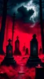 Placeholder: Scary forest with black clouds, a thunderstorm, a mysterious cemetery in the middle of the forest, the graves sparkle with a red glow, there is poisonous red fog all around, candles, an atmosphere of horror.