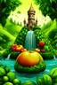 Placeholder: the juice kingdom add bottle juice in the river and create text THE JUICE KINGDOM nature