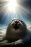 Placeholder: fluffy clouds, portrait of seal soaring like an angel through the clouds with a blessed smile, gates of heaven, 4 k, down light, depth of field, trending art, high detail