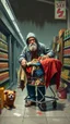 Placeholder: Bosh painting style nightmare, A homeless with supermarket cart has all his clothes and beer cans and dog