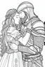 Placeholder: Fantasy coloring page, minimal detail. HD. Woman embracing a male knight with a beard