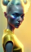 Placeholder: girl, cute, beautiful, head and shoulders portrait by Greg Rutkowski, yellow hair, pigtails with space buns, bangs, yellow dress,