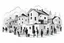 Placeholder: generate an image like a draw minimal style black and white pencil style, group of people doing Housing and Accommodation