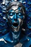 Placeholder: Blue and silver colors chipped, cracked porcelain human face with closed eyes and screaming mouth, high detalied, sharpen, crepy stunning, photorealistic, cinematic, blur background with melting