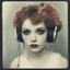 Placeholder: Grunge Polaroid head shot of doll-faced clara bow, natural pouty lips, red nose, hair adorned with flowers, rosy cheeks and rosy nose, headphone