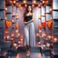 Placeholder: make a picture pretty stage made of metallic blue-gray teme 3d recursive cubic and sphere and heart simbol lights s base structures and a beautiful fashion model lady standing with cute in scene with sexy top and pretty pleated midi skirt ,makeup curvy long hair,dynamic camera zoom to full body and pan, dynamic lights.