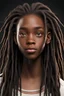 Placeholder: realistic black woman, eighteen years old, round face, rounded face, soft face, cunning eyes, long dreadlocked hair, dark skin