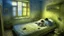 Placeholder: Surreal corner view of a room. In the corner, there is a bed and a window on the right wall. The walls are painted as if it were a cloudy sky. The floor is grass, daisies, and thistles. There is a small lamp on a bedside table. The ceiling is neutral and dark.