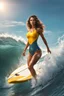 Placeholder: full body of Waist high Portrait of an exotic beautiful woman wearing trendy clothing surfing in nice waves of water, perfect detailed face, detailed symmetric hazel eyes with circular iris, realistic, stunning realistic photograph, 3d render, octane render, intricately detailed, cinematic, trending on artstation, Isometric, Centered hyper realistic cover photo, awesome full color, 12k, high definition, cinematic, neoprene, behance contest winner, portrait feat