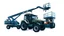 Placeholder: a generic Boom-lift(Left extended overhead), tractor(Middle) and scissor-lift(Right) on a white background. Smooth vector