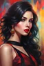 Placeholder: A full body Portrait of a beautiful young woman, slanted, dark eyes with large eyelashes, voluminous wavy black hair, red lipstick, thin strap blouse, colorful, perfect face, shine, realistic, best image quality, oil paint, Light clothes, vivid colors, Thin strap blouse, Art By Jon Bauer,, By cgsociety,standing