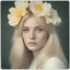 Placeholder: 1970s Polaroid head shot of a stunning young platinum straight haired woman,with freckles, hair adorned with big flowers.