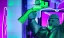 Placeholder: futuristic man in green suit, restaurant with purple lights, full of people, pointing a gun