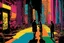 Placeholder: classic painting of a cyberpunk colourful walkway with two people making an exchange in the city with pollution by andy warhol